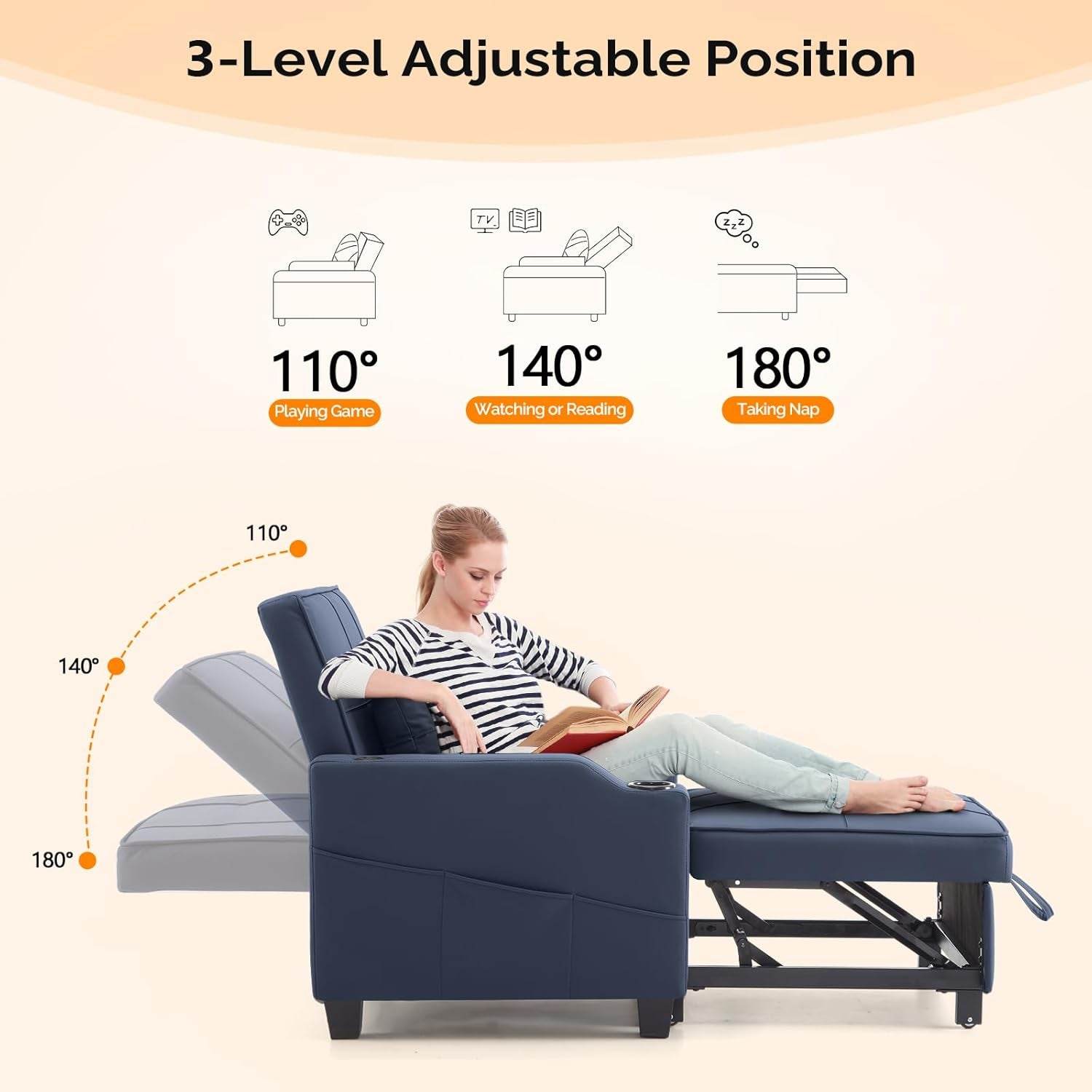 Sofa Bed Chair Recliner, 3-In-1 Convertible Sleeper Sofa Chair Bed Blue Daybed Pull Out Couch Bed with Adjustable Backrest, USB Ports, Cup Holders for Small Spaces Living Room - Loft&Timber