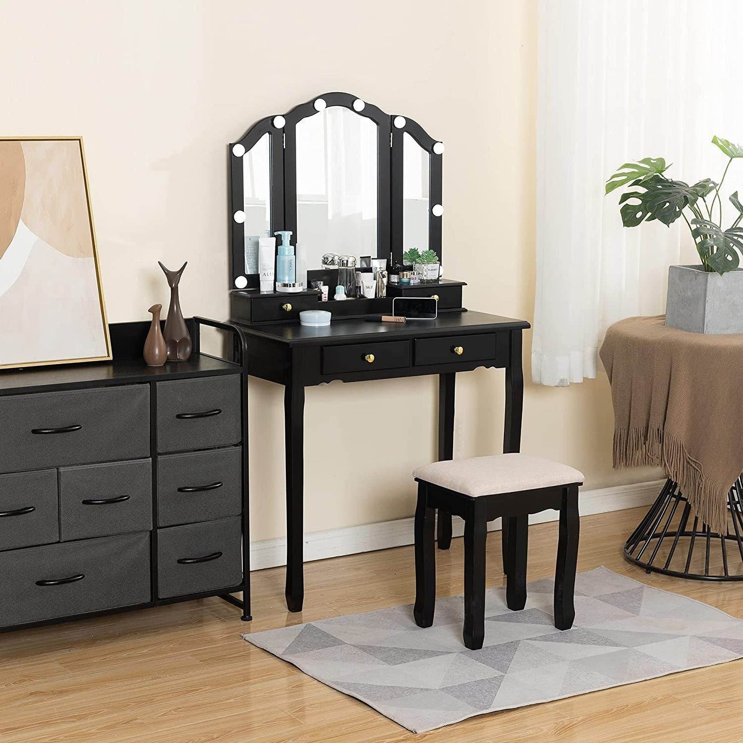 Black Vanity Set with Lighted Tri-Fold Mirror - Loft&Timber
