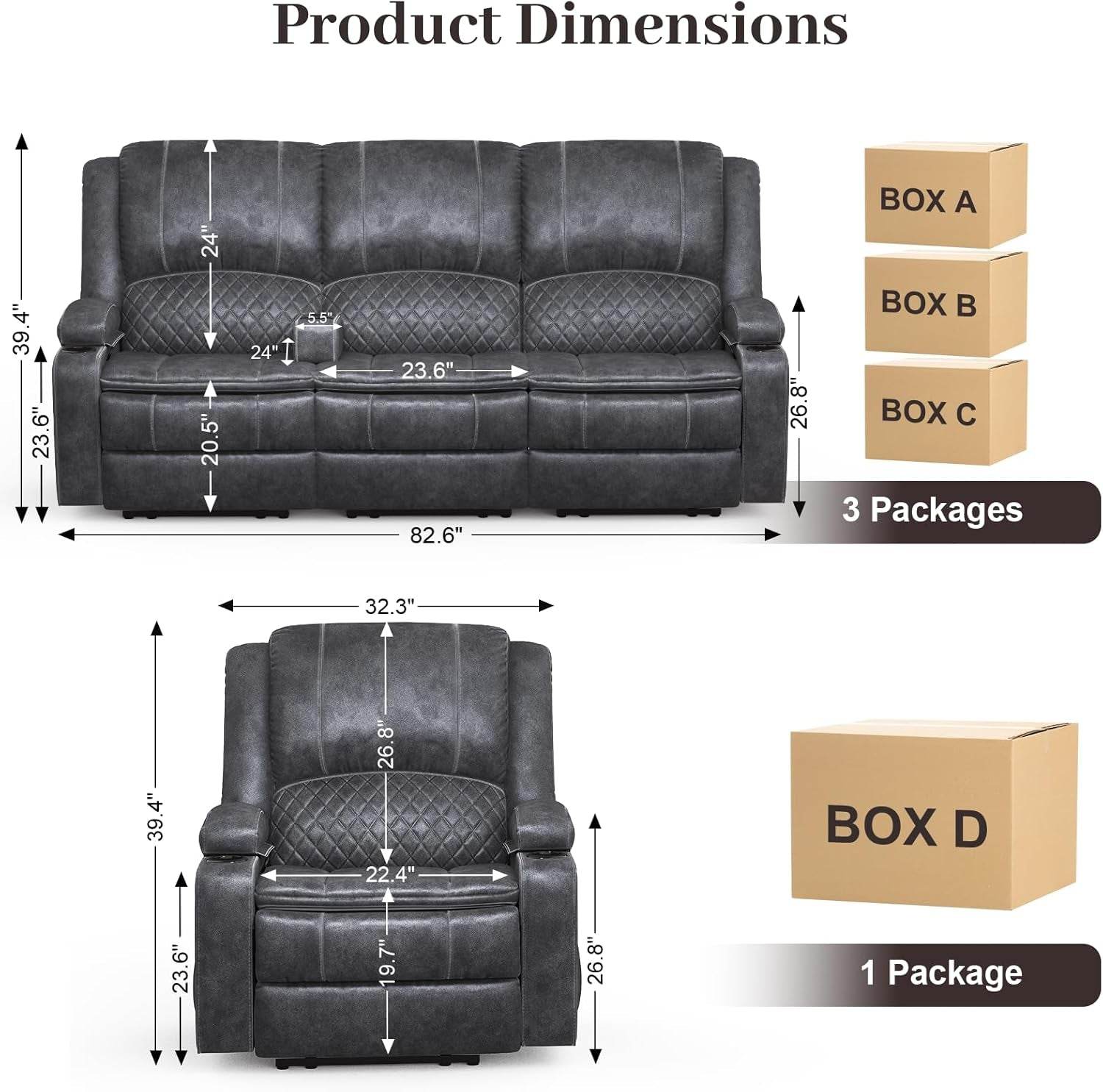 3 Seater Recliner Sofa Set with 2-Tier Cushion, 3+1 Pieces - Grey - Loft&Timber