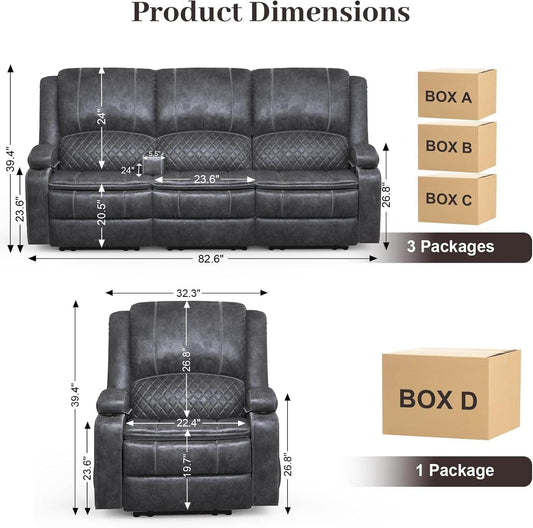 3 Seater Recliner Sofa Set with 2-Tier Cushion, 3+1 Pieces - Grey - Loft&Timber