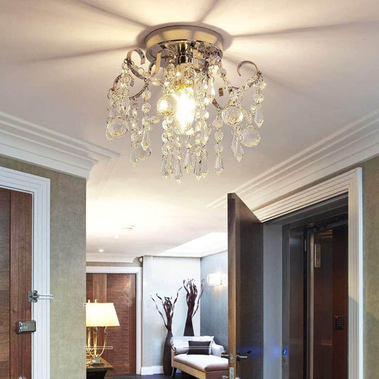 Small Crystal Chandelier Flush Mount Ceiling Light Fixtures Modern Mini Chandelier Light Fixture for Hallway Entryway Bedroom Bathroom Kitchen,Chrome Metal,Clear K9 Crytal - Loft&Timber