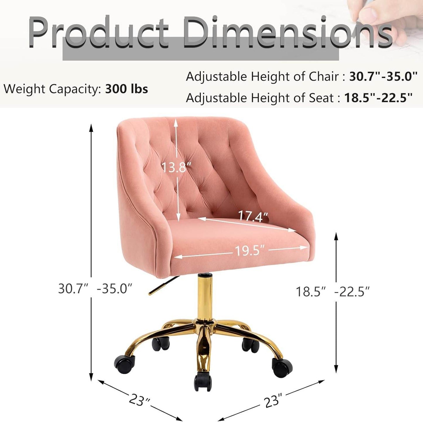 Velvet Office Swivel Chair, Vanity Chair, Fabric Desk Chair, Pretty Fancy Chair, Gold Office Chair for Girls, 360°Swivel Height Adjustable Reception Chair (Pink) - Loft&Timber