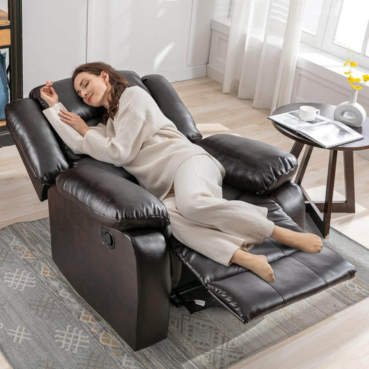 Manual Recliner Chair, Breathable Faux Leather Reclining Chairs with Overstuffed Arm and Back, Living Room Single Sofa Recliners (Dark Brown) - Loft&Timber