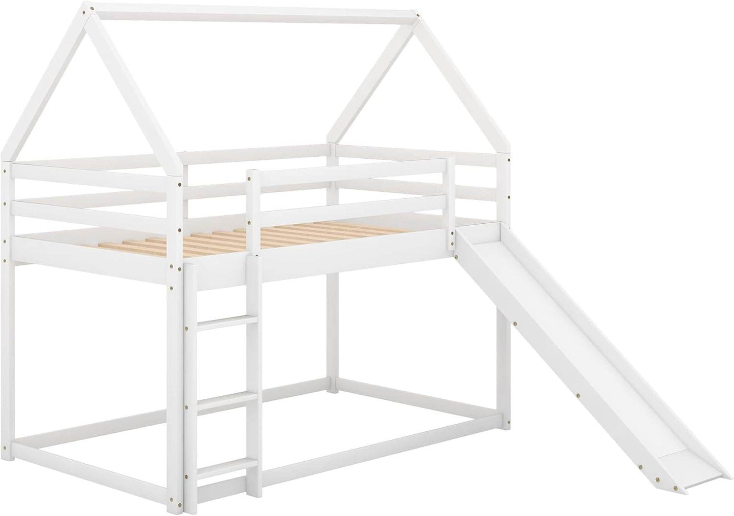 Twin over Twin House Bunk Bed with Slide,Floor Bunk Beds with Ladder for Kids,Solid Wood Twin Size Low Bunk Bed for Girls Boys - Loft&Timber