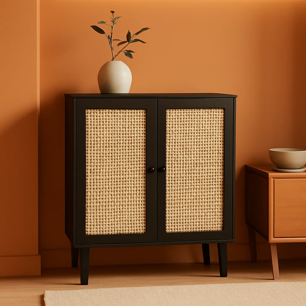 Buffet Cabinet with Storage, Storage Cabinet with Synthetic Rattan Decor Doors, Accent Cabinet with Solid Wood Feet, Sideboard Cabinet for Hallway, Entry, Living Room, Black-0