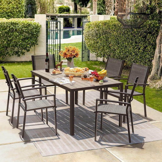 Patio Dining Set 7 Pieces Outdoor Furniture Table and 6 Textilene Chairs, Light Grey - Loft&Timber