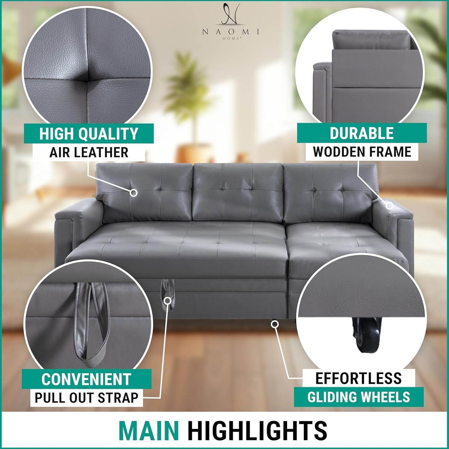 L-Shaped Sectional Sleeper Sofa with USB Ports - Convertible Pull-Out Bed, Ample Storage, Timeless Design, Durable Construction, Gray/Air Leather - Loft&Timber