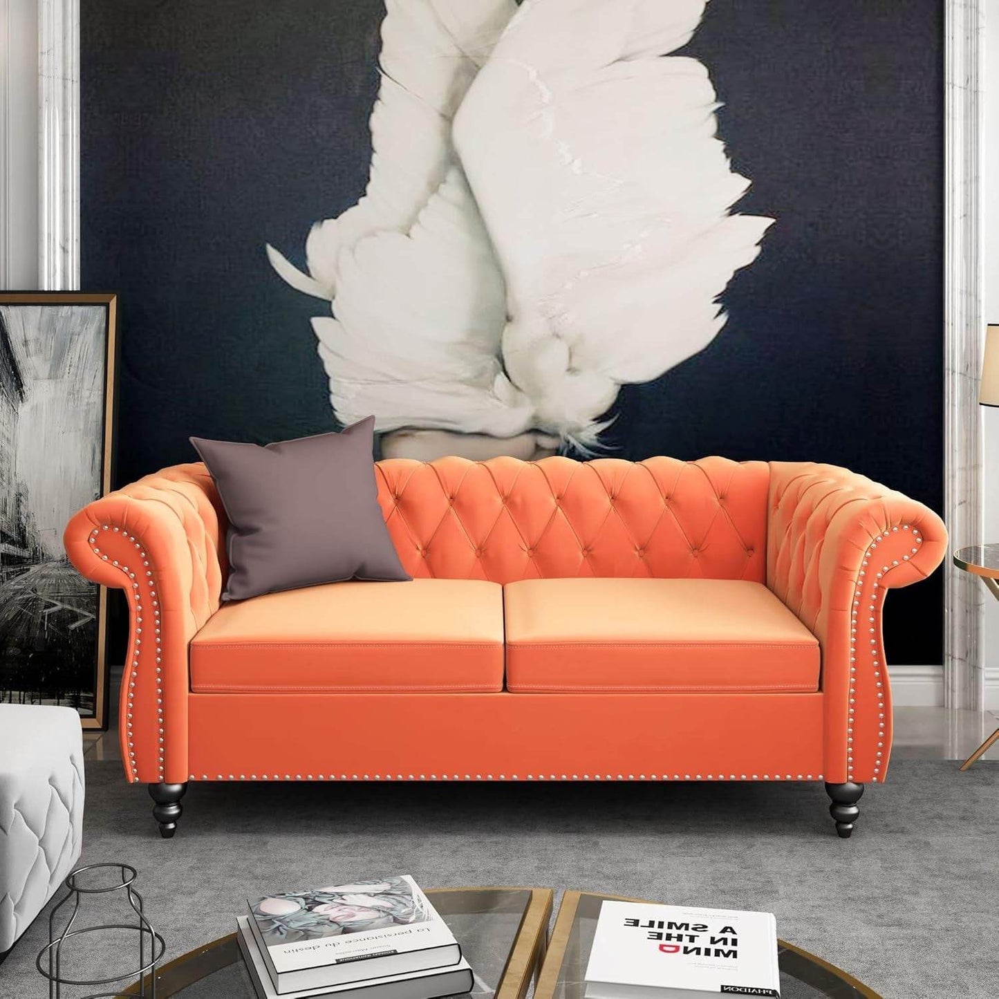 3-Piece Living Room Sectional Sofa Set, Upholstered Sofa Modern Sofa Couches Set Style Button Tufted, Velvet Chesterfield Sofa for Living Room Apartment, 1+2+3 Seat Orange - Loft&Timber