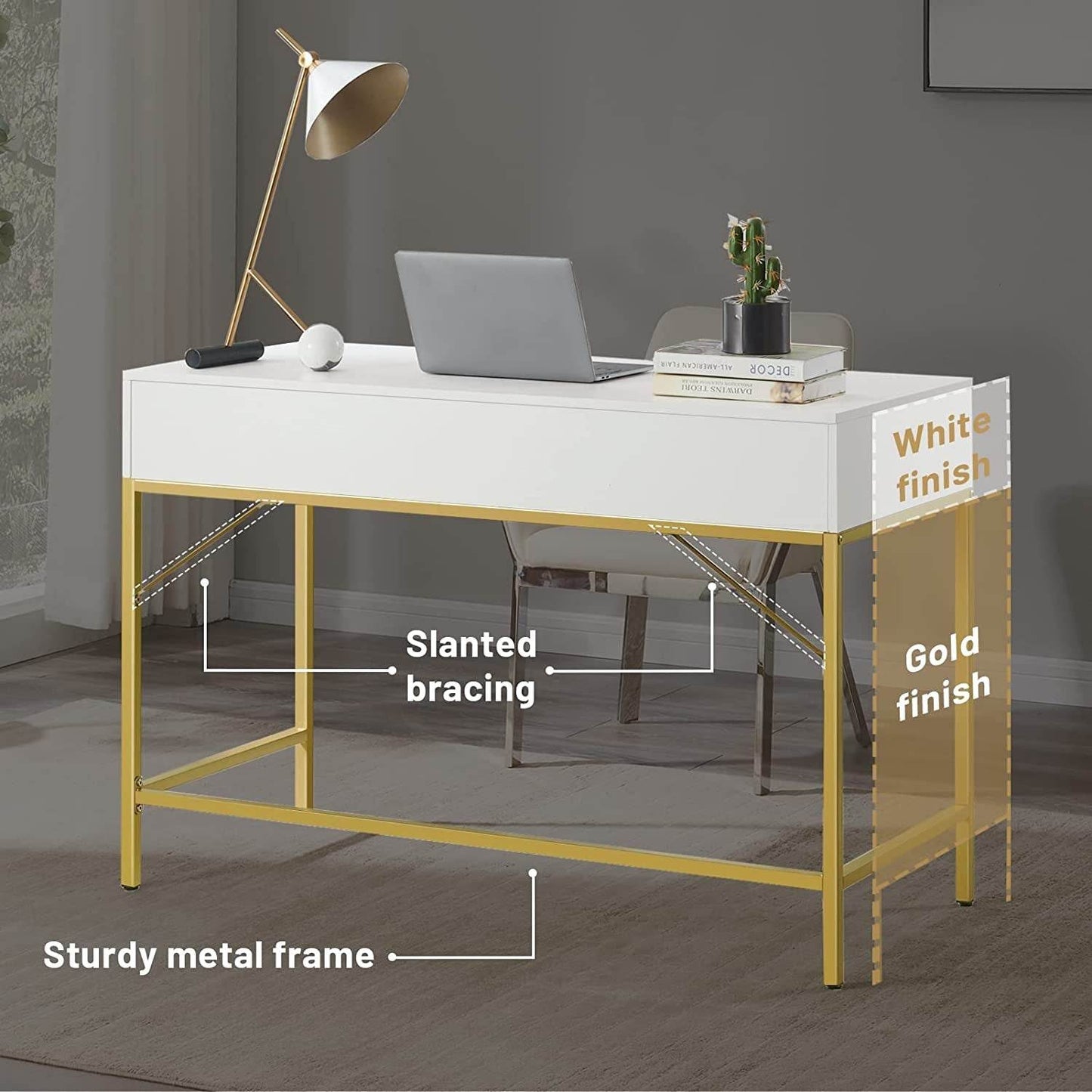 Vanity Desk with Drawers - White and Gold - Loft&Timber