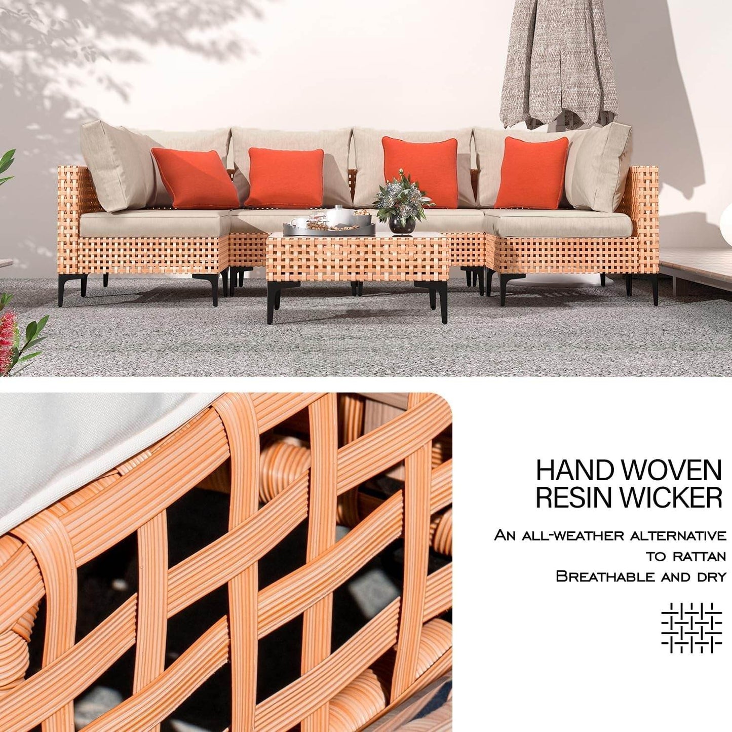 5 Piece Outdoor Patio Furniture Set Modular Outdoor Furniture Set Wicker Outdoor Sectional Sofa with Cushions and Table Patio Set for Balcony Porch Deck Yard ( (Salmon&Orange Wicker, Sand Cushion)) - Loft&Timber