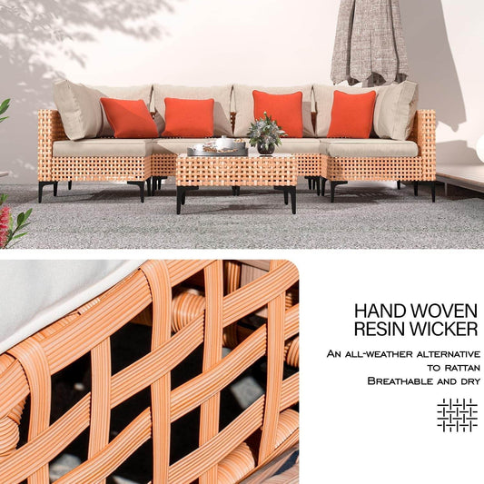 5 Piece Outdoor Patio Furniture Set Modular Outdoor Furniture Set Wicker Outdoor Sectional Sofa with Cushions and Table Patio Set for Balcony Porch Deck Yard ( (Salmon&Orange Wicker, Sand Cushion)) - Loft&Timber
