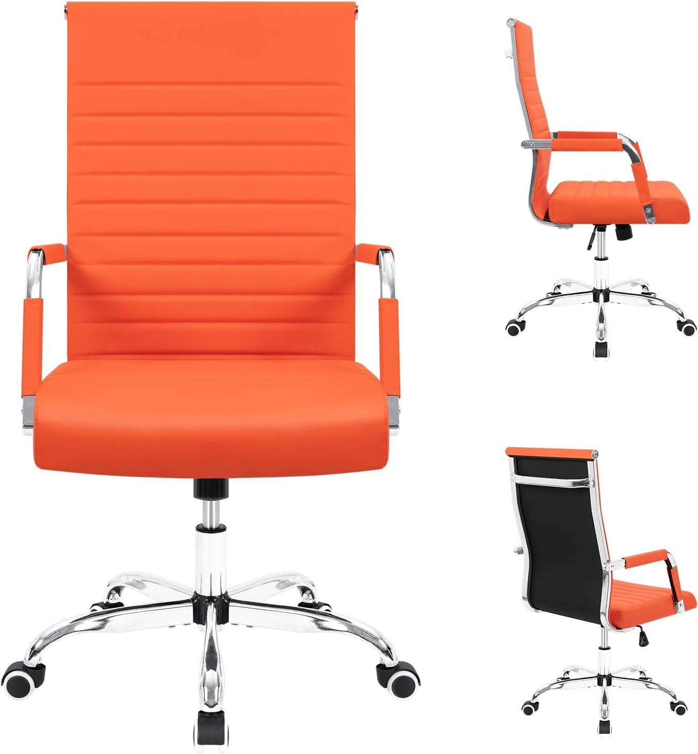 Ribbed Office Desk Chair Mid-Back Leather with Swivel and Arms (Orange) - Loft&Timber