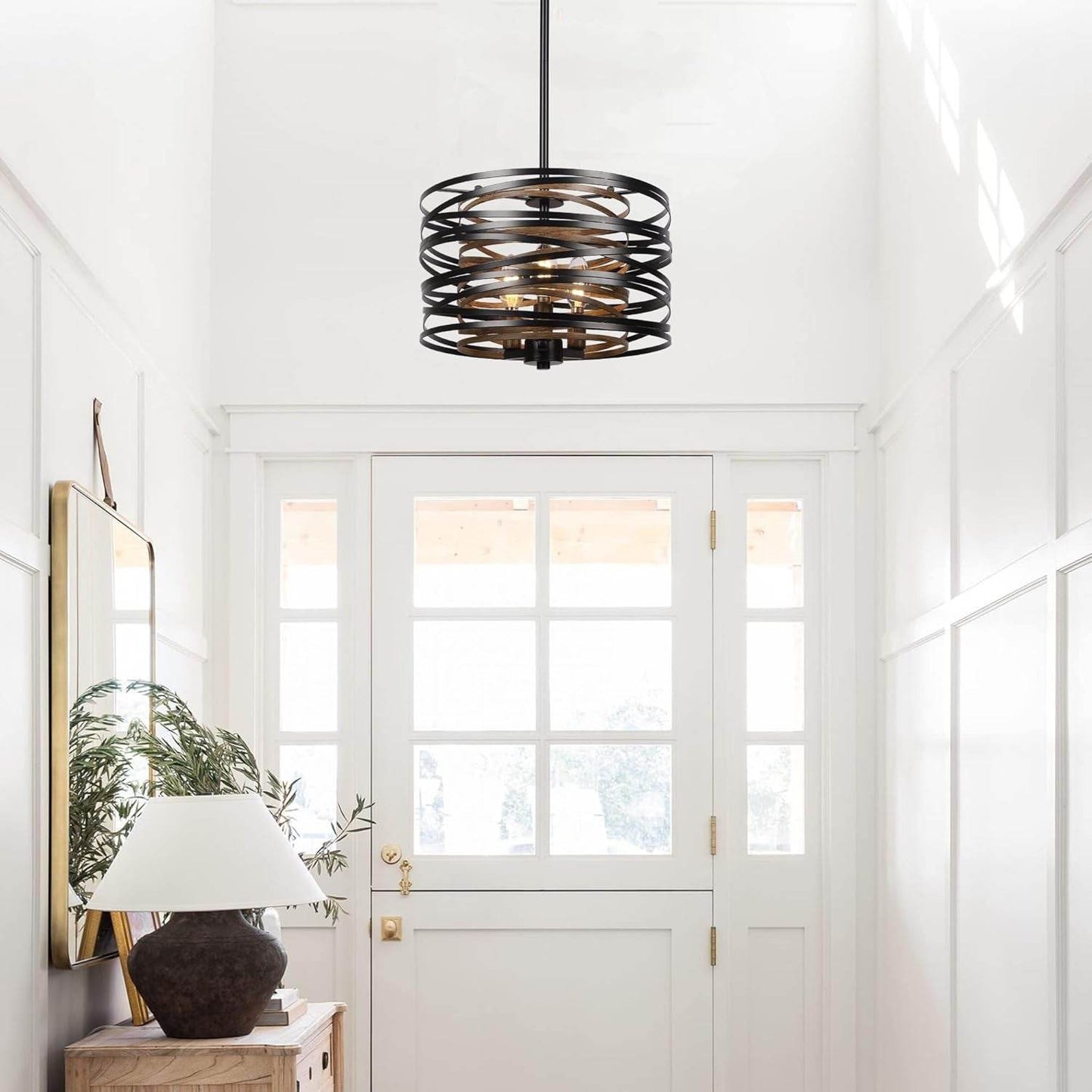 12.6'' Farmhouse Chandeliers for Dining Room, 3-Light Industrial Metal Hanging Light Fixture, Rustic Drum Pendant Light for Entryway Kitchen Foyer Bedroom, Black with Retro Wood Texture Interior - Loft&Timber