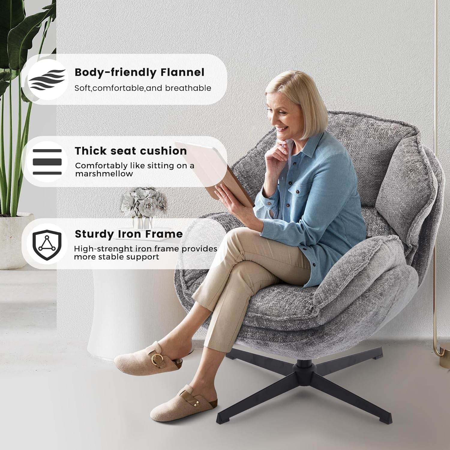 Gray Swivel Upholstered Accent Chair With Metal Legs - Loft&Timber