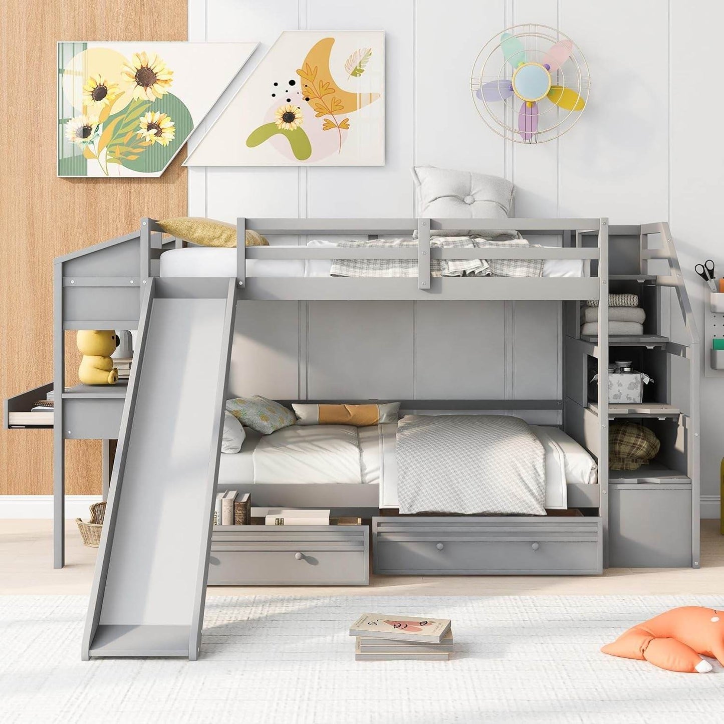 Twin over Twin Bunk Bed with 4 Drawers and Storage Staircase, Wood Bed Frame with Desk and Shelves, Twin Beds with Slide and Full-Length Guardrails for Kid'S Room or Dormitory, Gray - Loft&Timber