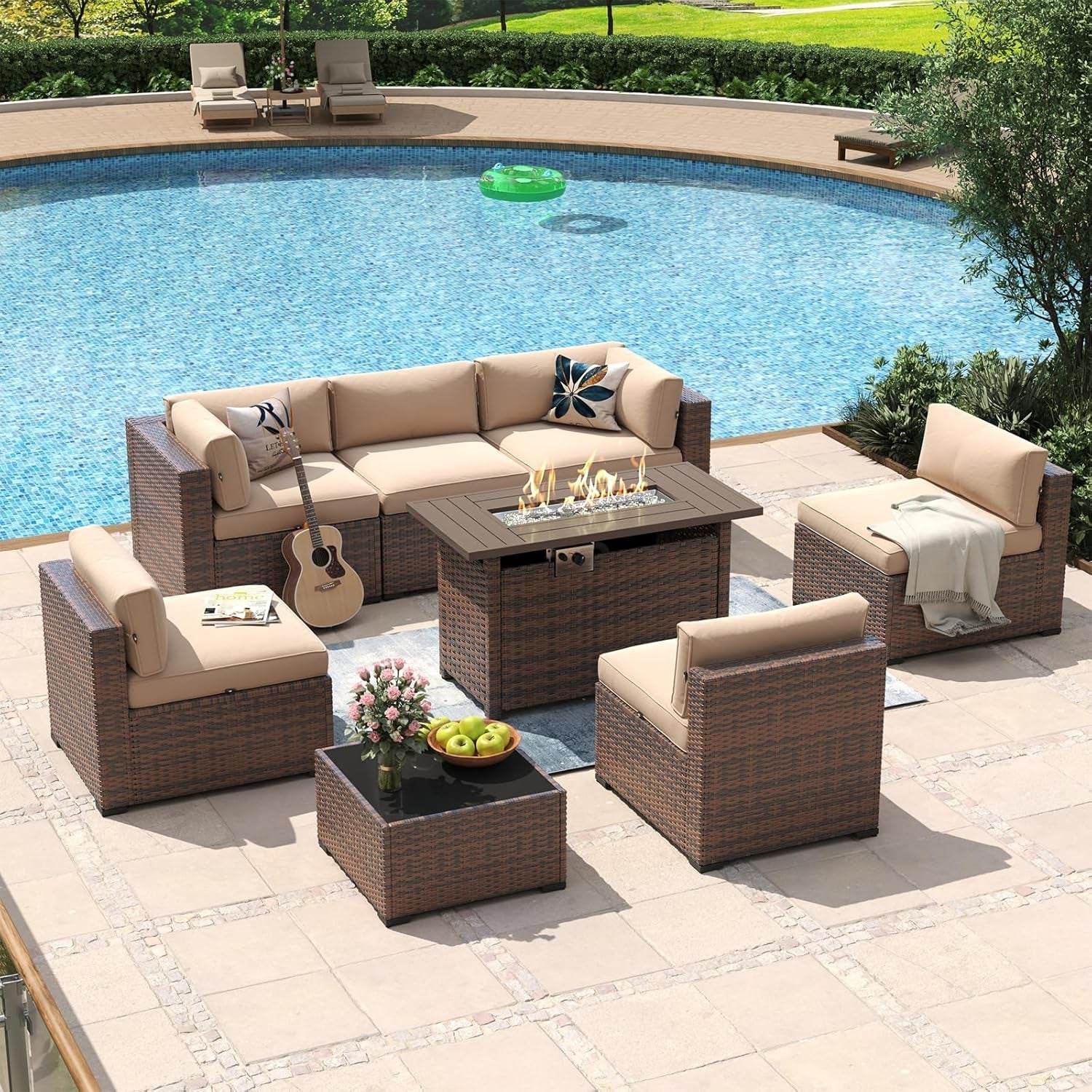 Eight Piece Outdoor Patio Furniture Set with Fire Pit - Loft&Timber