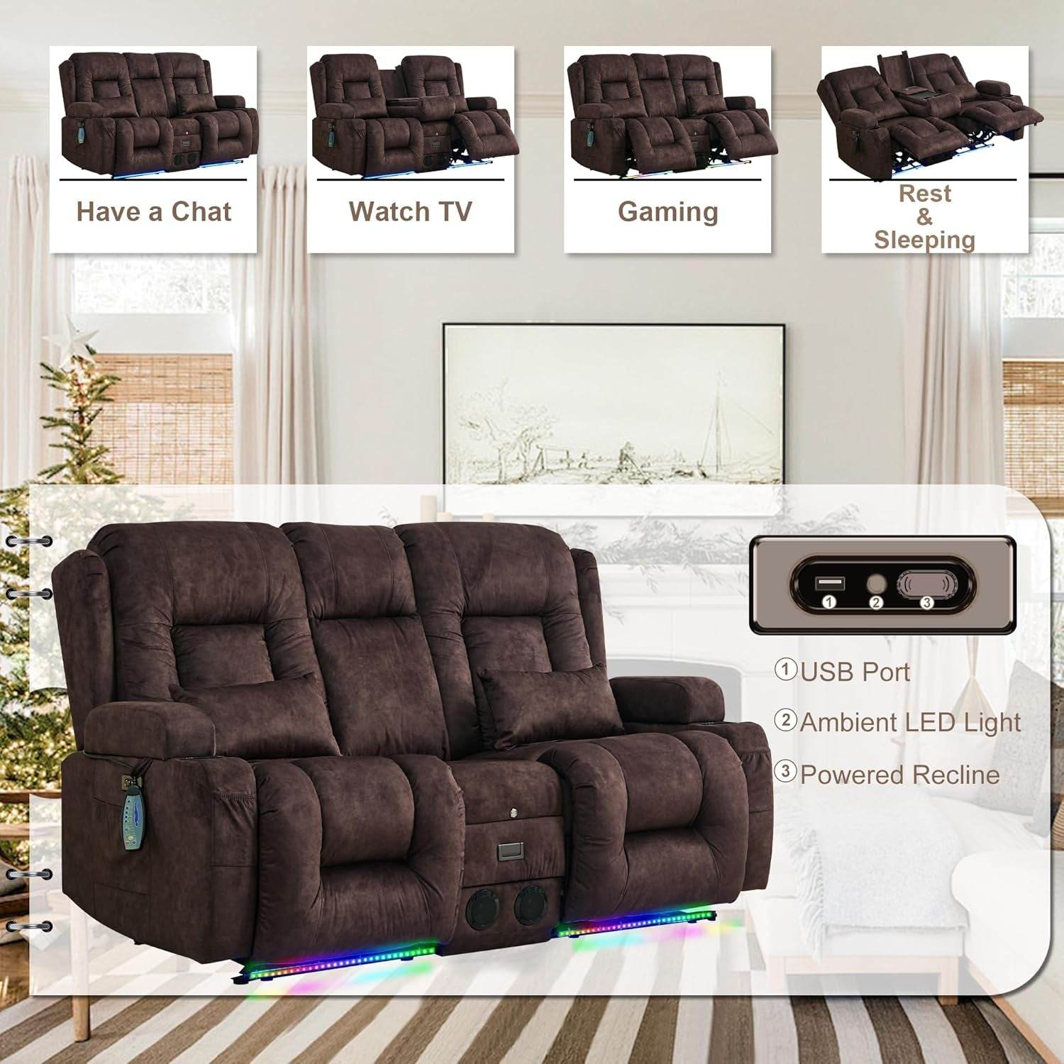 Power Loveseat Recliner Sofa with Massage & Heat (Velvet, Brown) - Loft&Timber