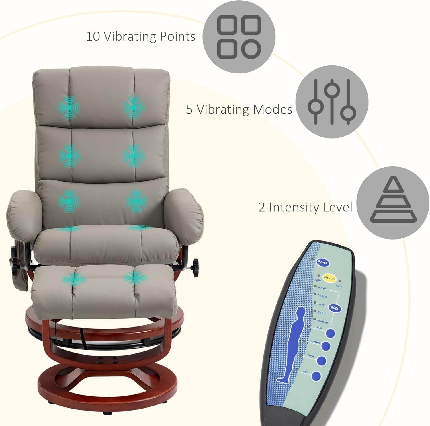 Massage Recliner Chair with Ottoman, Swivel Recliner and Footrest, Faux Leather Reclining Chair with Remote Control and Side Pocket, Gray - Loft&Timber