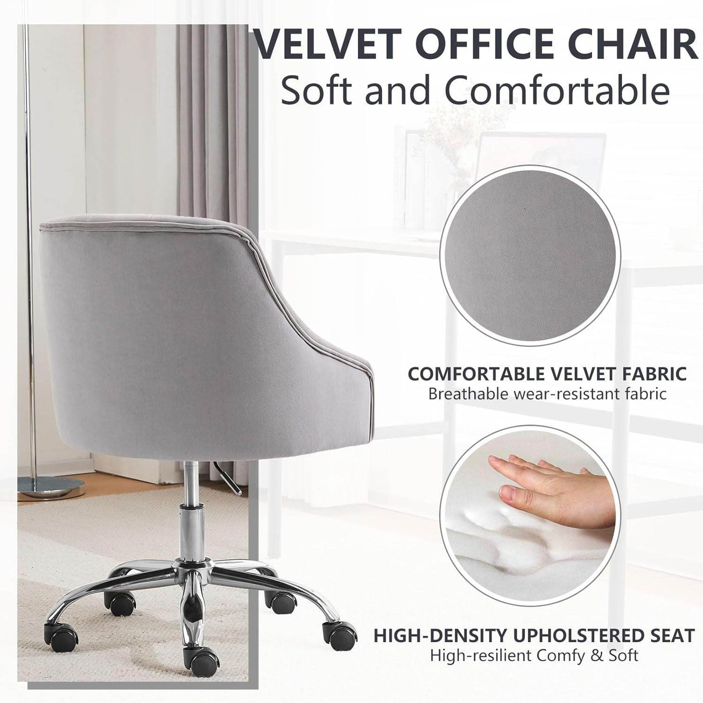 Velvet Office Swivel Chair, Vanity Chair, Fabric Desk Chair, Pretty Fancy Chair, Gold Office Chair for Girls, 360°Swivel Height Adjustable Reception Chair (Grey) - Loft&Timber