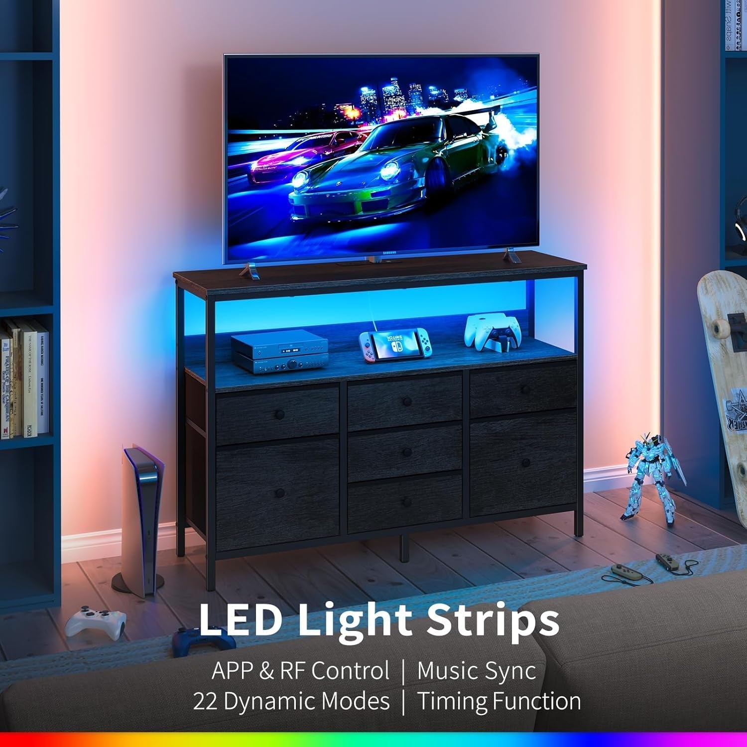 TV Stand Dresser for Bedroom, 7 Fabric Drawers Entertainment Center, LED Dressers with Power Outlets, TV Stands for Living Room with Storage Shelf, TV Console Entertainment Stand up to 50" TV-3