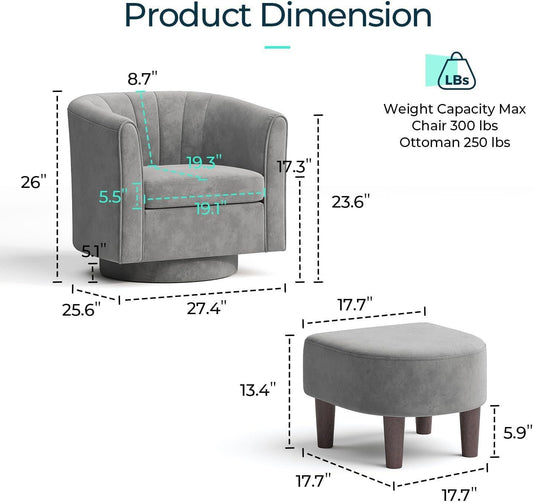 Grey Velvet 360 Swivel Armchair With OttomanFootrest-1