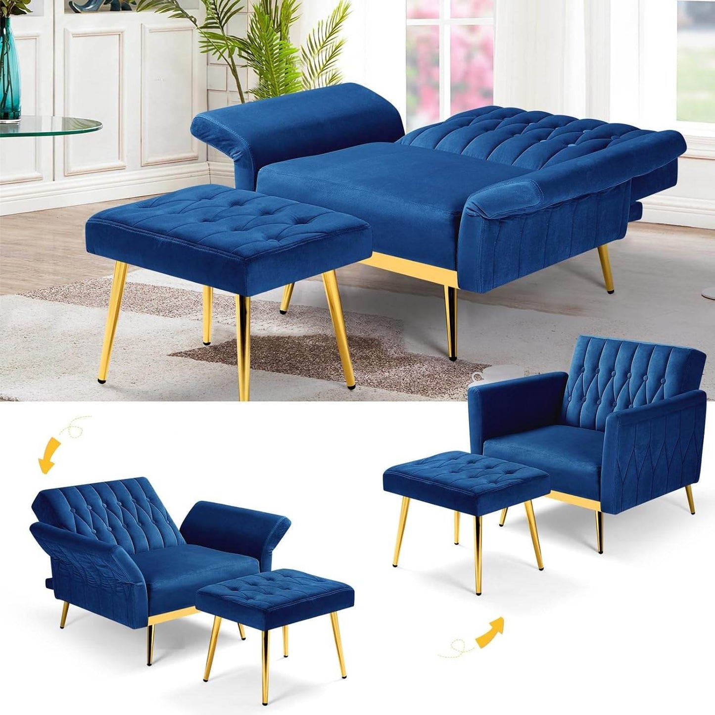 2 Pieces Velvet Futon Sofa Set with Adjustable Backrests and Armrests, 70” Convertible Sofa Bed & Tufted Accent Chair with Ottoman for Living Room, Blue - Loft&Timber