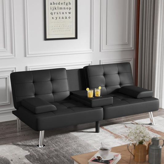 Futon Sofa Bed Modern Folding Futon Set Convertible Recliner Lounge for Living Room with 2 Cup Holders, Removable Armrests (PU Leather, Black)-0
