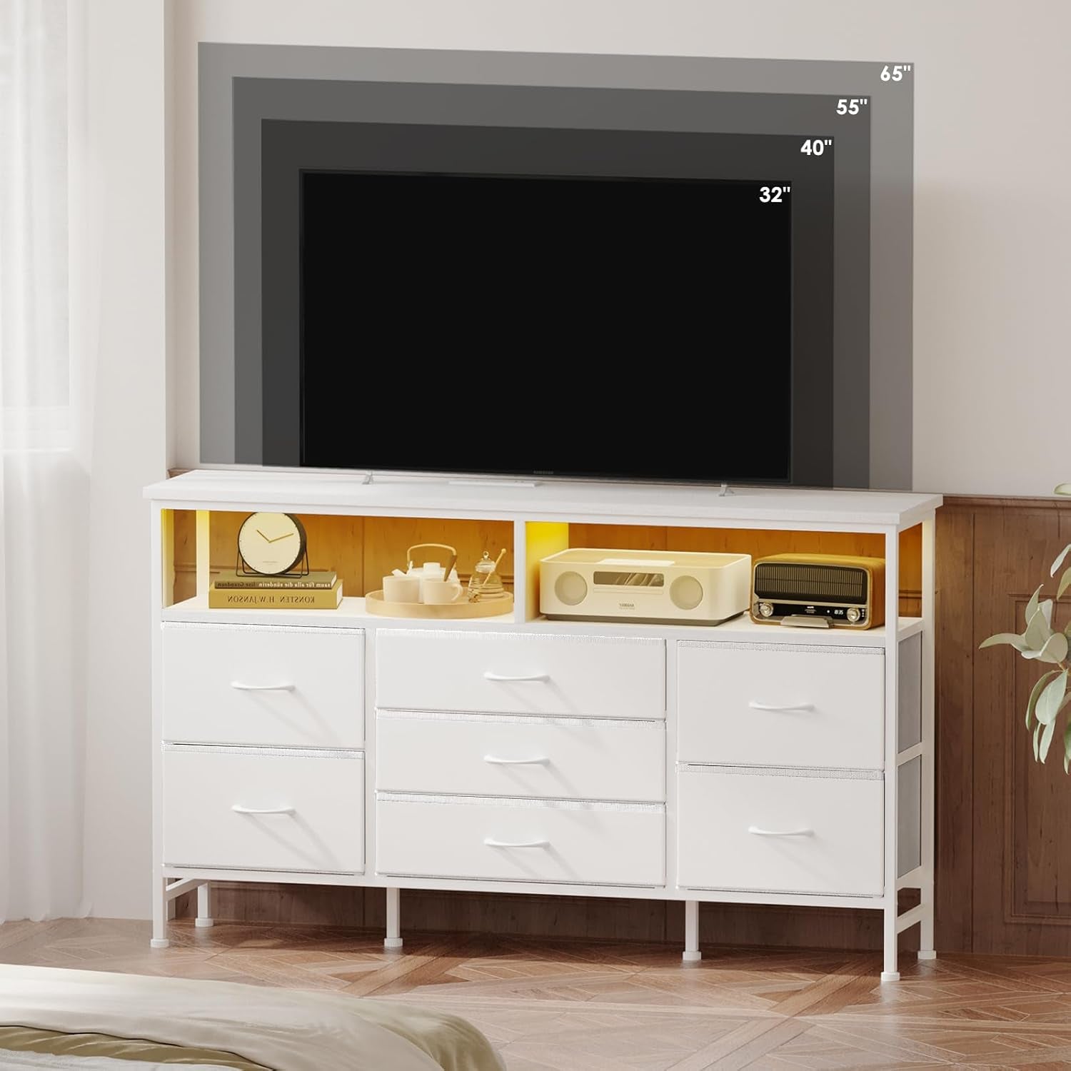 55 Inch Dresser TV Stand with Power Outlets and LED Lights, White Long Dresser for Bedroom with 7 Fabric Drawers, Large Dresser TV Stand for up to 65 Inch TV, Chest of Drawers for Bedroom White-1