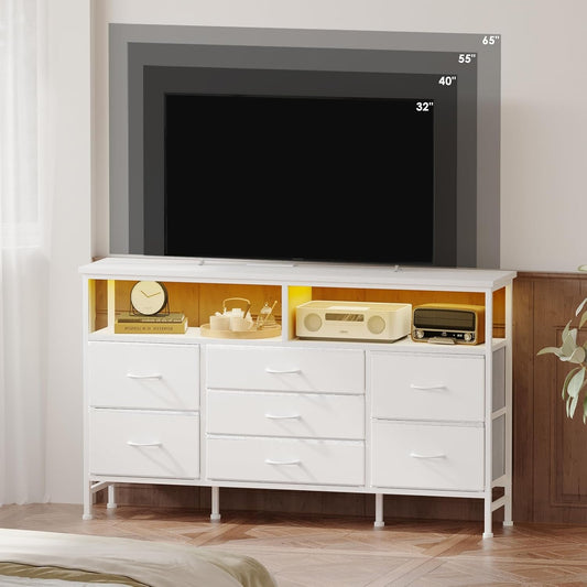 55 Inch Dresser TV Stand with Power Outlets and LED Lights, White Long Dresser for Bedroom with 7 Fabric Drawers, Large Dresser TV Stand for up to 65 Inch TV, Chest of Drawers for Bedroom White-1