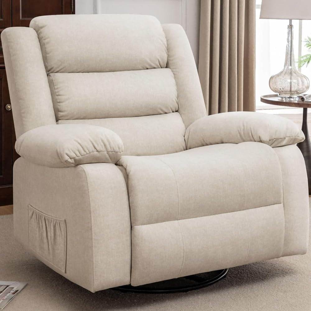 Recliner Chair, Wide Rocker Chair, Rocking Chair with Massage and Heat,360°Swivel Nursery Rocking Chairs, Oversized Recliner for Adults, Cashmere Reclining Sofa for Living Room, Beige - Loft&Timber