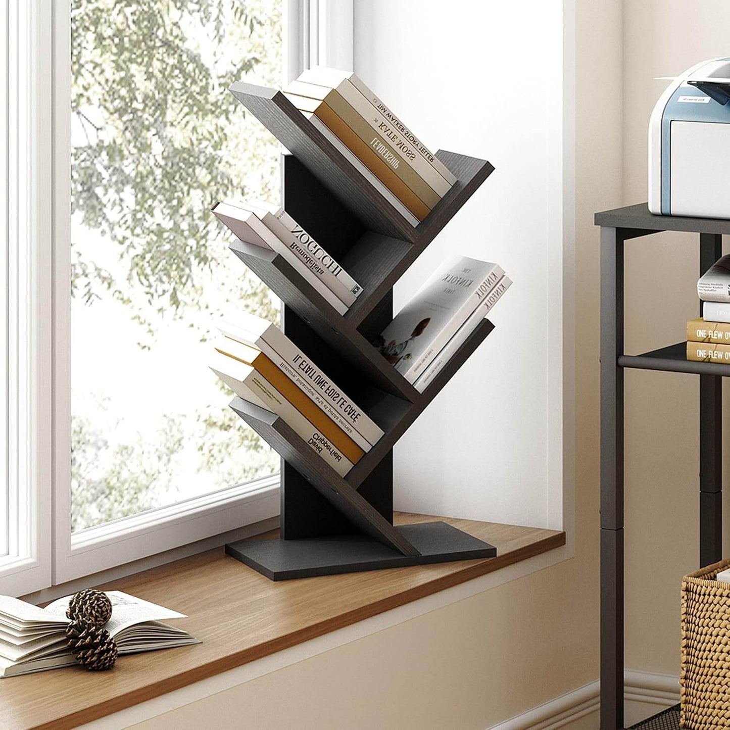 4 Tier Tree Bookshelf, 4 Shelf Bookcase, Free Standing Tree Bookcase, Display Floor Standing Shelf for Books, Book Organizer Shelves for Home Office, Living Room, Bedroom, Black - Loft&Timber