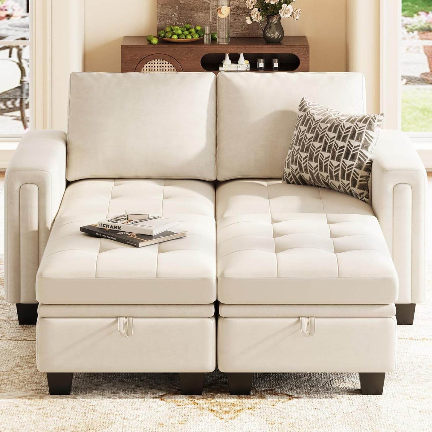 Velvet Modular Sectional Sofa Couch with Storage Convertible Sectional Sleeper Sofa Couch Bed Set with Reversible Chaise Beige - Loft&Timber