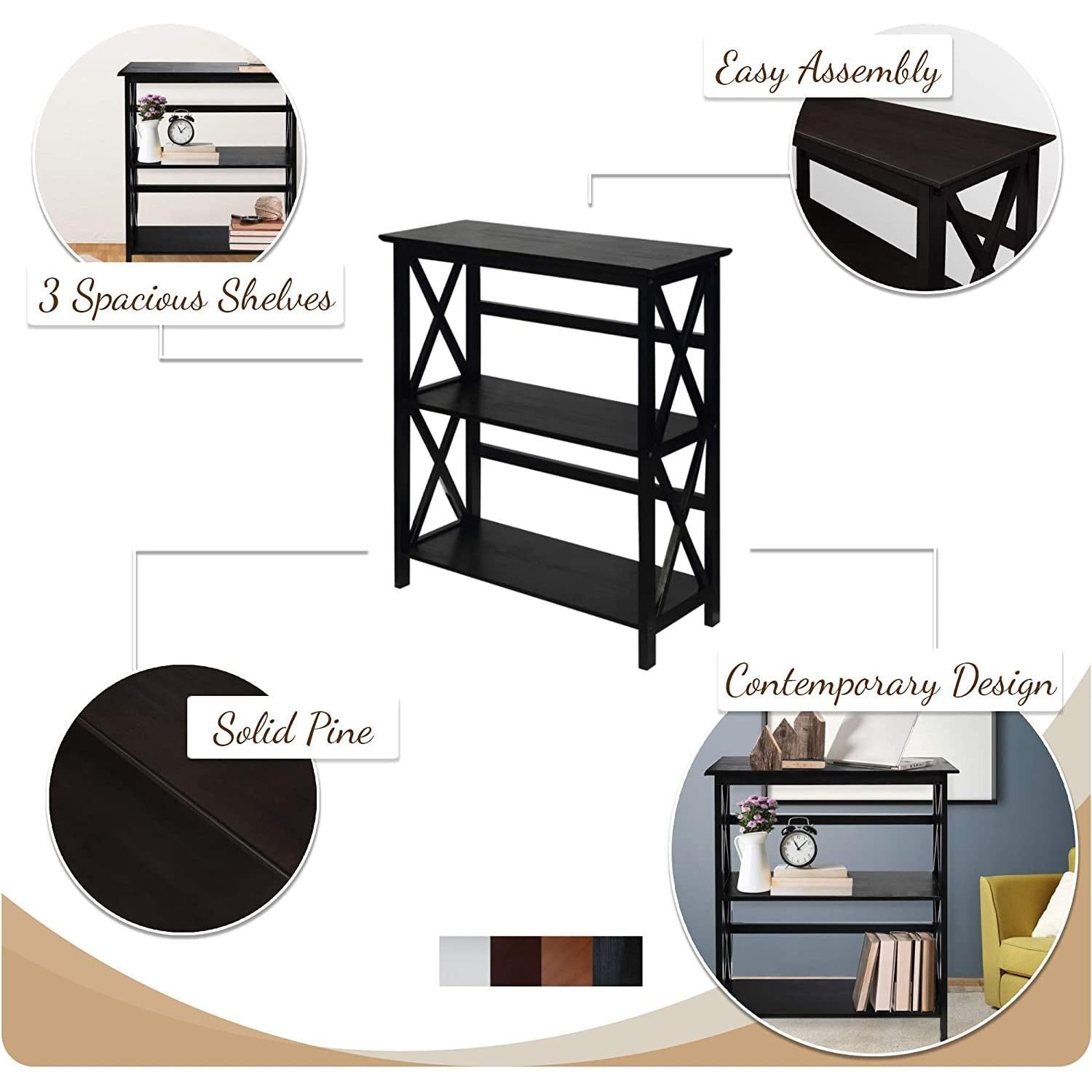 Montego 3-Shelf Bookcase, Black (New)-2
