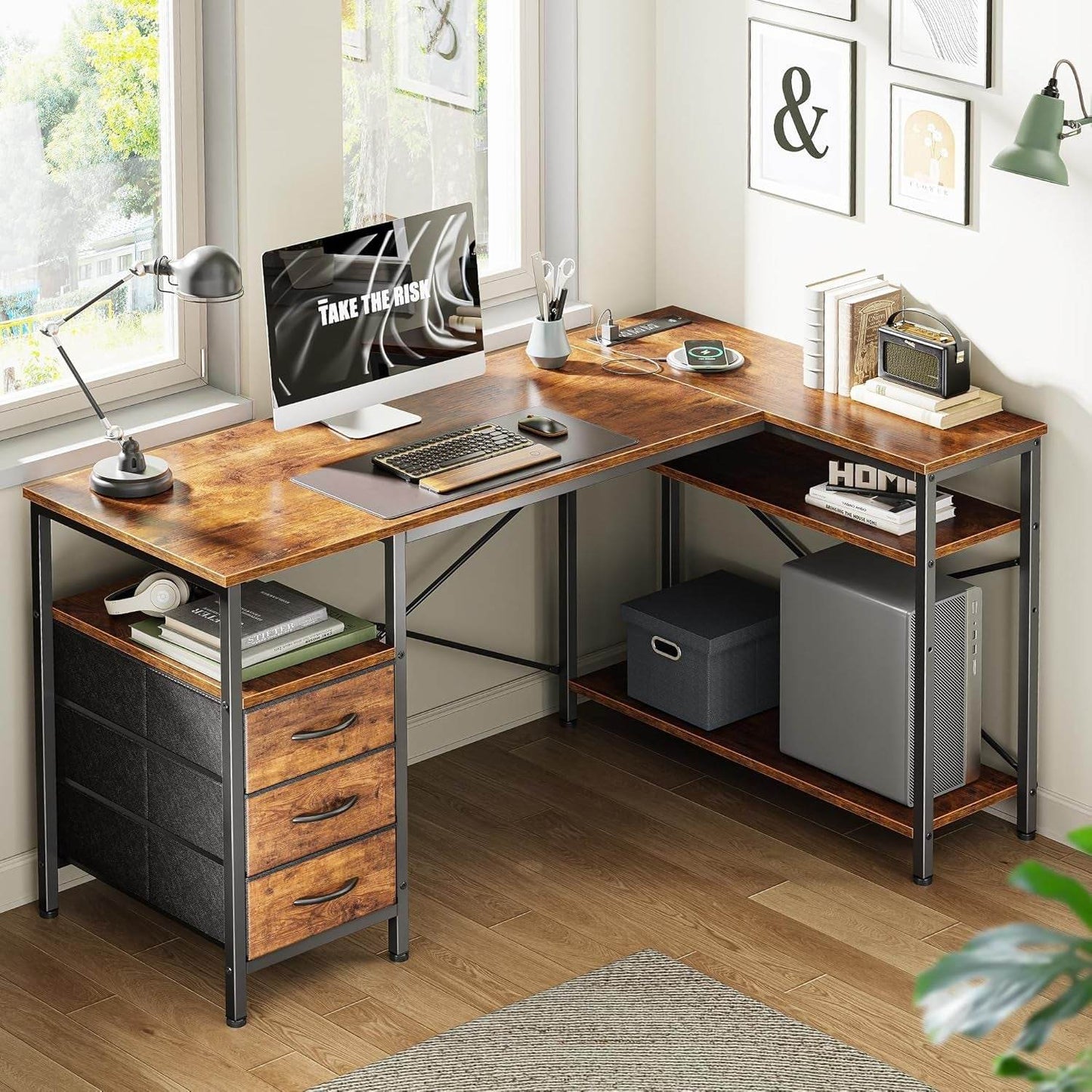 L Shaped Desk with Power Outlets in Rustic Brown - Loft&Timber