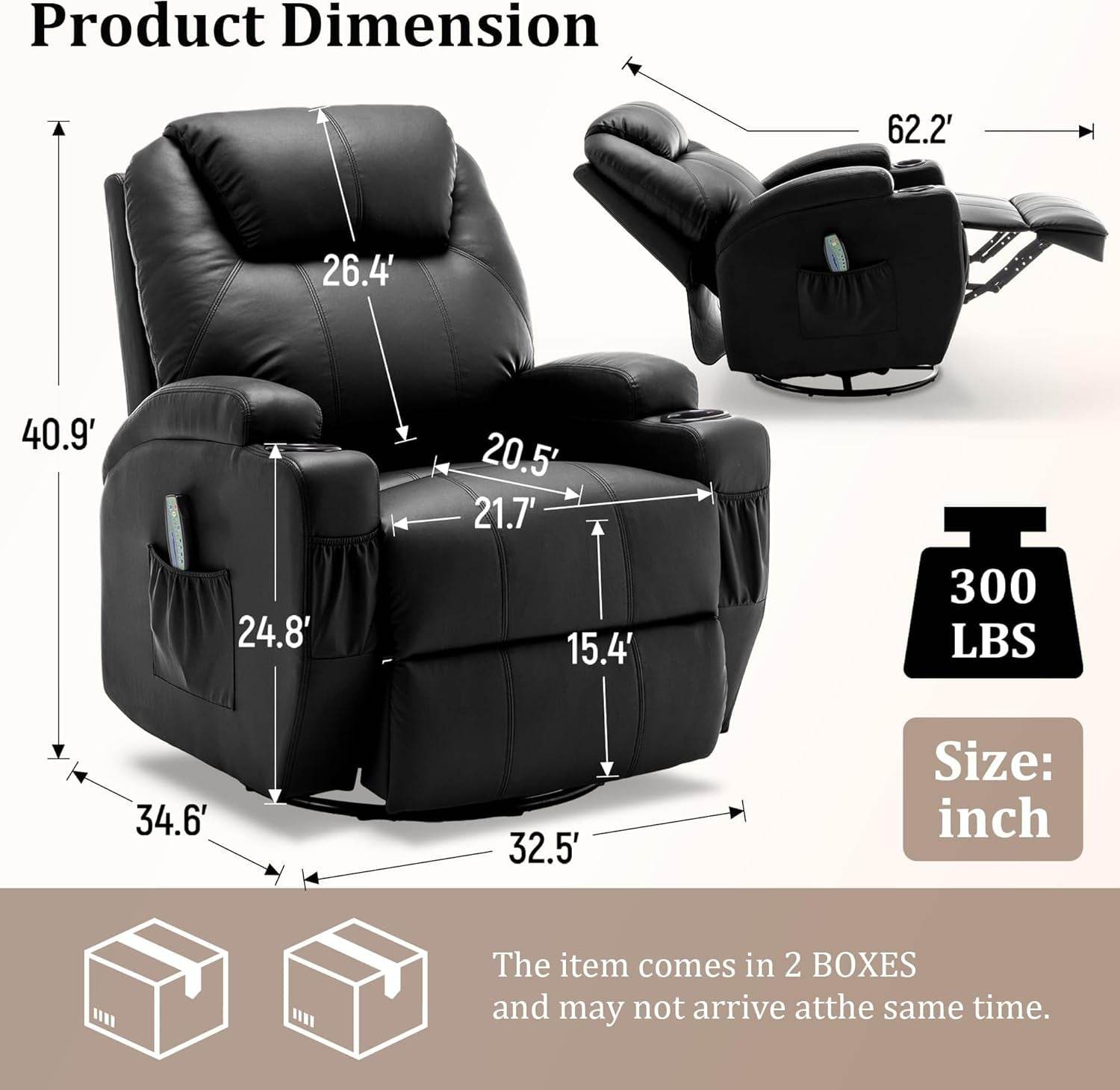 Recliner Chair, Rocking Chair with Massage and Heat, 360° Swivel Recliner Chairs for Adults, Rocker Manual Recliner with Remote Control and Cup Holder for Living Room, Bedroom, Nursery - Loft&Timber