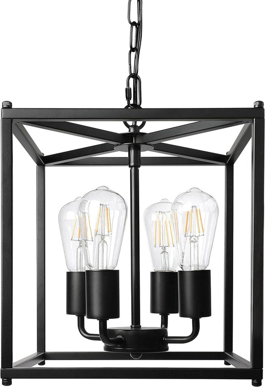 4-Light Black Farmhouse Chandelier, Iron Lantern Pendant Light Rustic Cage Adjustable Height, E26 Base Industrial Hanging Lights for Kitchen Island Dining Room Hallway Foyer Entryway - Loft&Timber