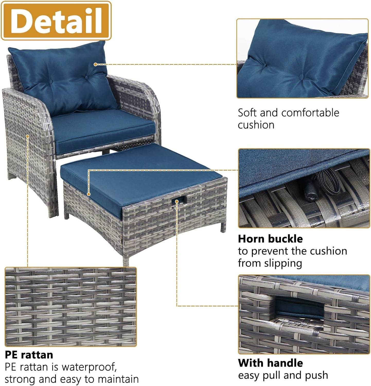 5 Pieces Wicker Outdoor Patio Chairs Set with Ottoman, All Weather PE Rattan Patio Conversation Furniture Set Outdoor Furniture Set with Hidden Ottoman for Poolside Garden Balcony, Blue - Loft&Timber