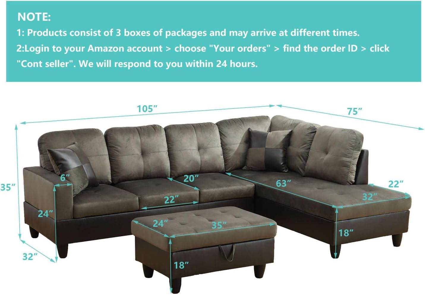 Taupe Sectional Couch for Living Room Set, 105 Inch Sectional Sofa L Shaped Couch with Storage Ottoman/Microfiber Fabric/Facing Right Chaise - Loft&Timber