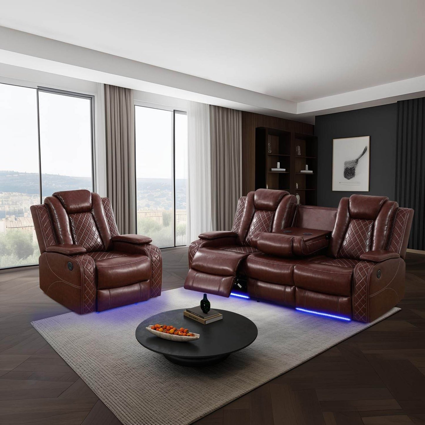 Power Brown Leather Reclining Sofa Set with LED Light - Loft&Timber