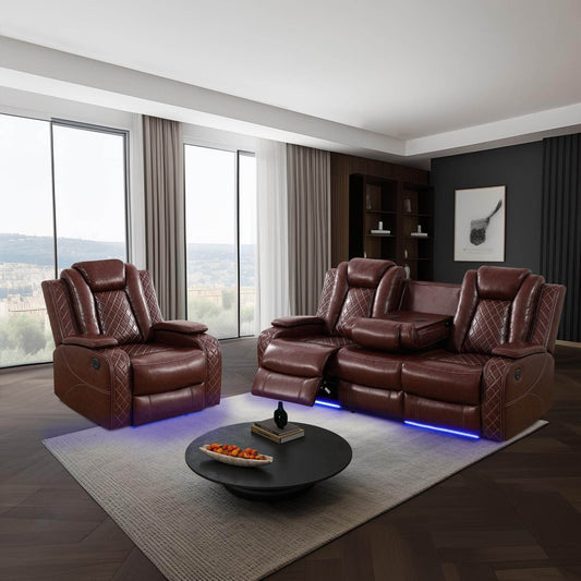 Power Brown Leather Reclining Sofa Set with LED Light - Loft&Timber