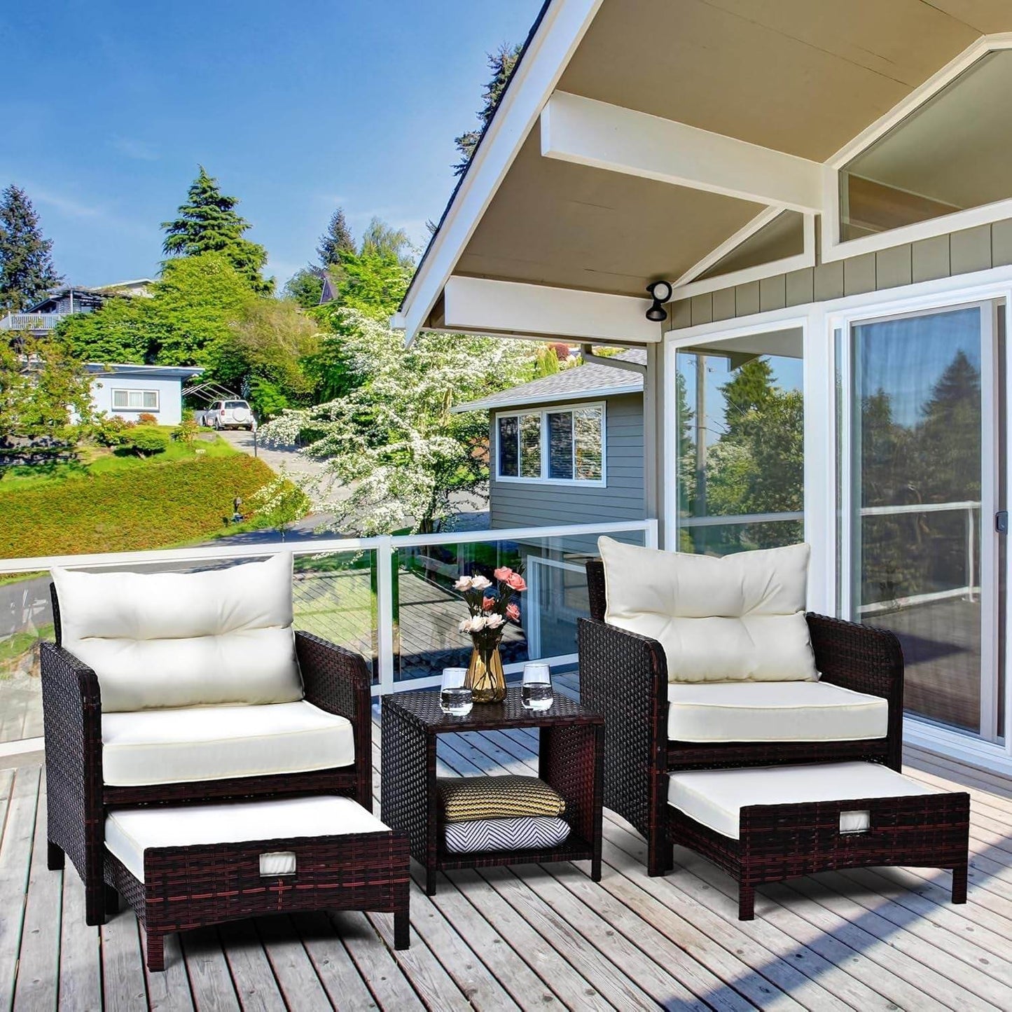 5 Pieces Patio Furniture Set, Rattan Balcony Furniture with Ottomans, PE Wicker Outdoor Patio Chairs Set with Coffee Table for Poolside, Porch, Lawn, Garden, Balcony(Beige) - Loft&Timber