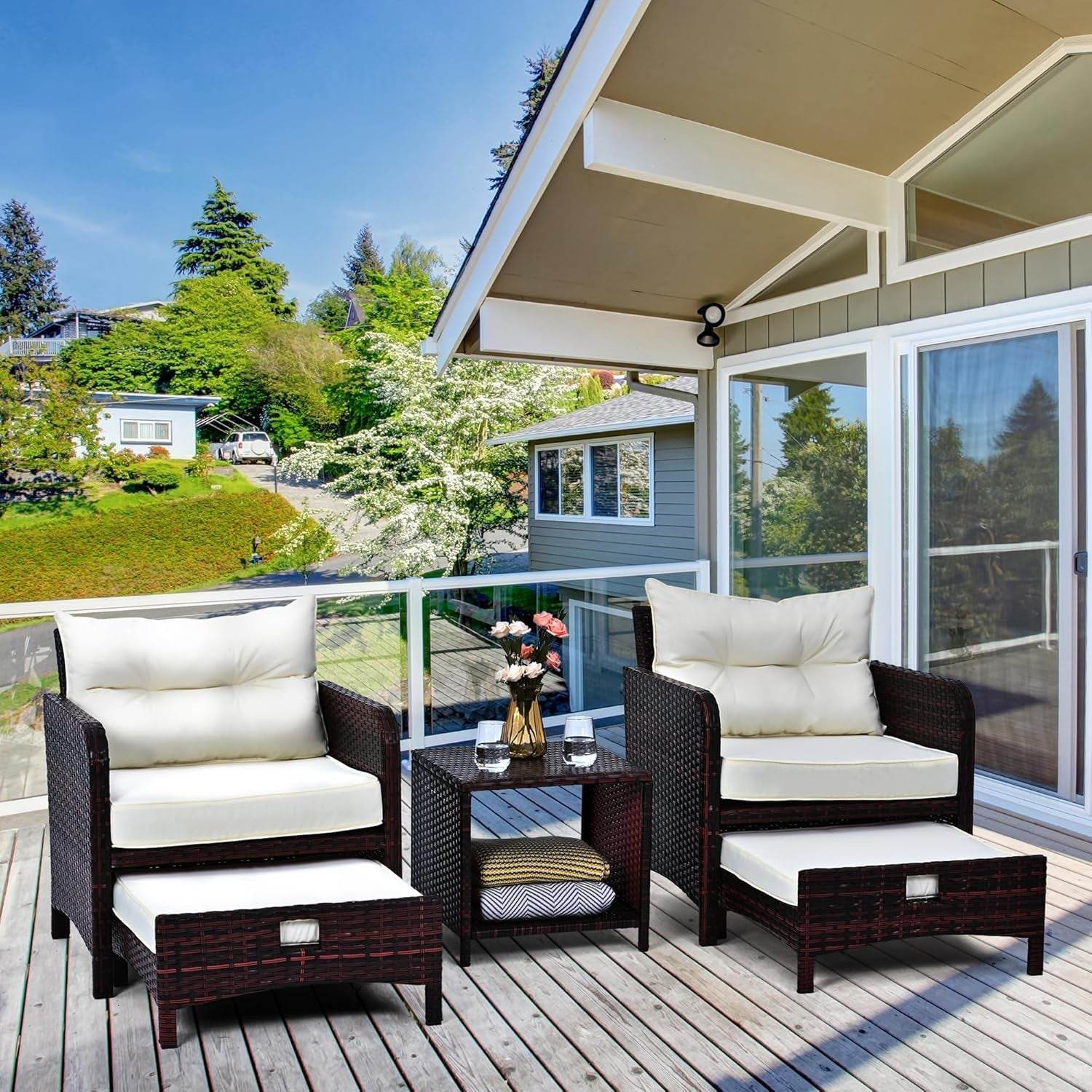 5 Pieces Patio Furniture Set, Rattan Balcony Furniture with Ottomans, PE Wicker Outdoor Patio Chairs Set with Coffee Table for Poolside, Porch, Lawn, Garden, Balcony(Beige) - Loft&Timber