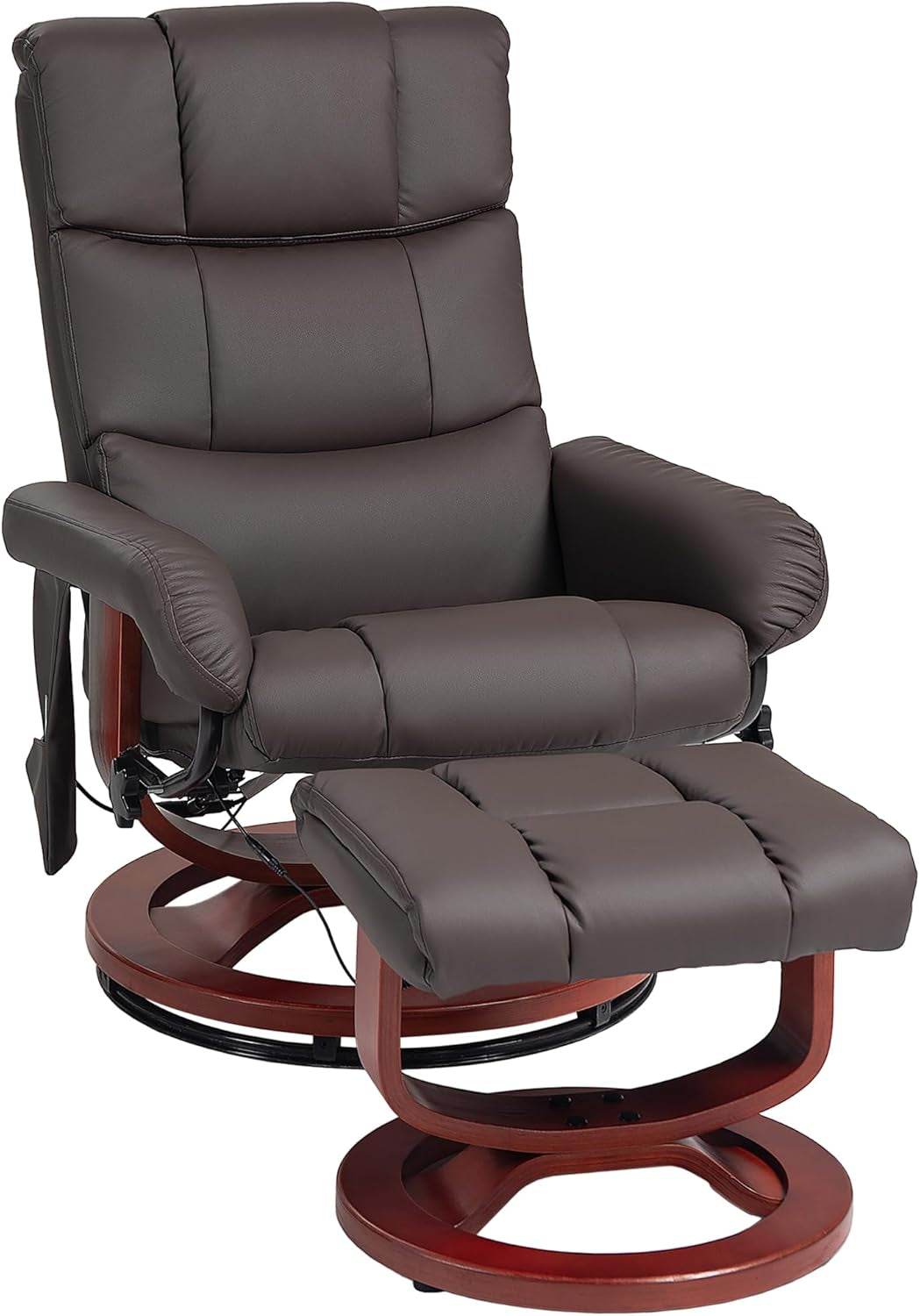 Massage Recliner Chair with Ottoman, Swivel Recliner and Footrest, Faux Leather Reclining Chair with Remote Control and Side Pocket, Brown - Loft&Timber