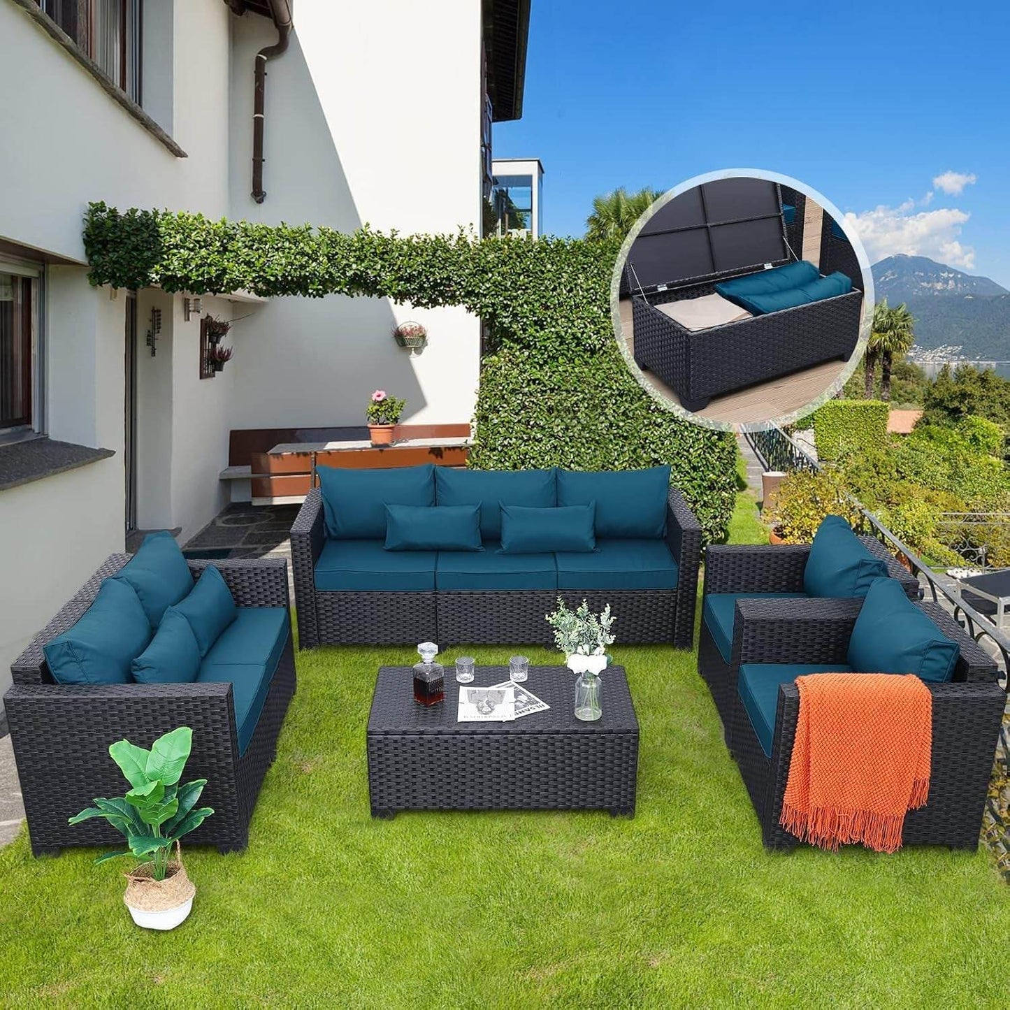 Patio Furniture Set 5 Pieces Outdoor Furniture Sets Patio Couch Outdoor Chairs Coffee Table Peacock Blue Anti-Slip Cushions and Waterproof Covers - Loft&Timber