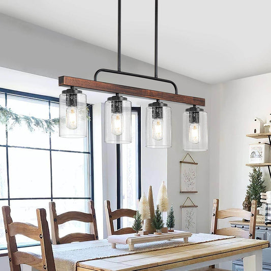 Farmhouse Dining Room Light Fixture, 4-Light Wood Kitchen Island Lighting, Industrial Chandeliers for Dining Room over Table Black Pendant Light with Seeded Glass Shade for Bar Restaurant - Loft&Timber