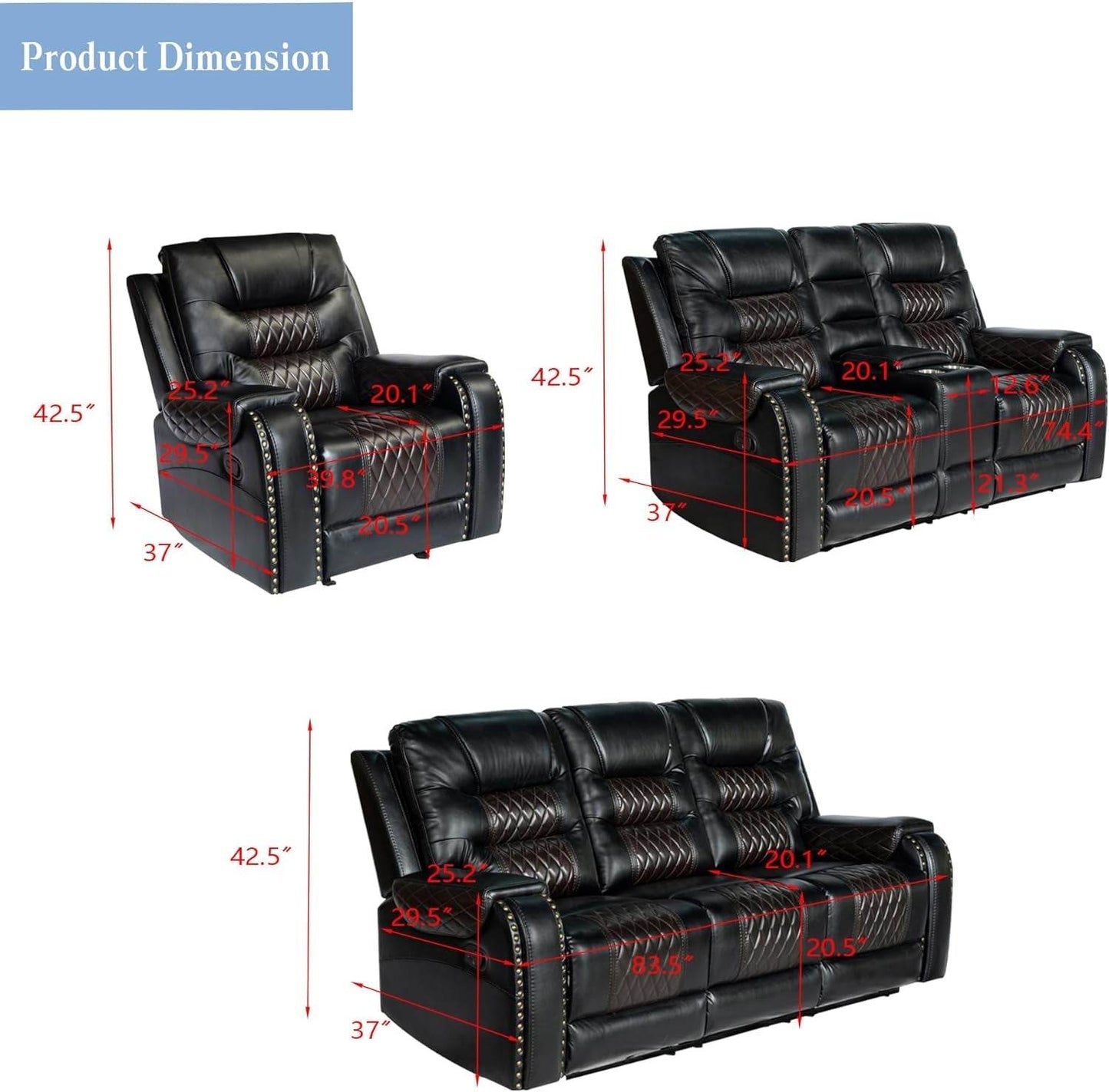 PU Leather Sofa Set, 3 Pieces in Black - Loft&Timber