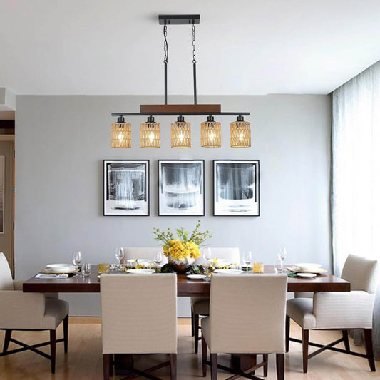 Boho Rattan Farmhouse Chandeliers, Rustic Wood and black - Loft&Timber