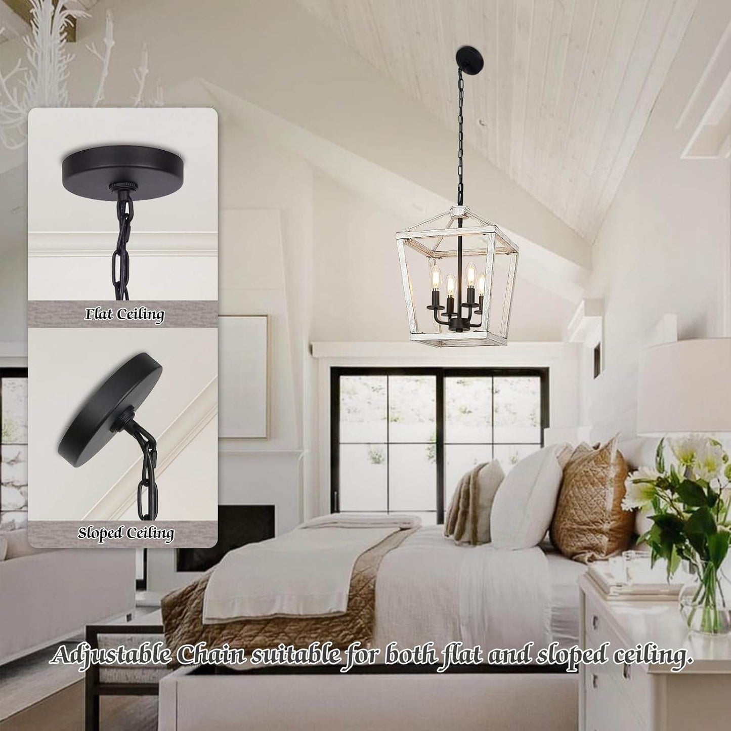 4 Light Rustic Chandelier, Farmhouse Lantern Fixture with Brushed White Oak Cage and Adjustable Chain, E12 Base Geometric Hanging Light Fixture Ceiling Lighting for Entryway Kitchen Island, Indoor Use - Loft&Timber