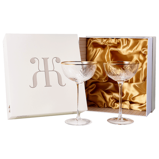 Vintage Art Deco Luxury Coupe Glasses, Cocktails, Martini, Margarita, In Premium Gift Box 24K Gold Rim | Set of 2 | 8 oz Classic Cocktail Glassware - Champagne, Manhattan, Cosmopolitan Crystal Goble - Loft&Timber
