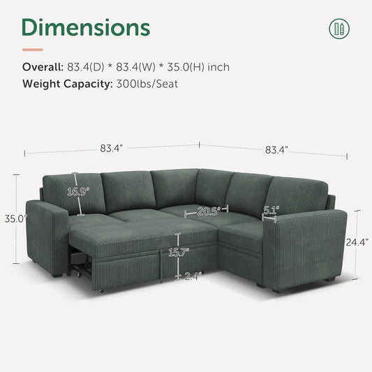 Green Corduroy Sectional Sleeper Sofa With Storage - Loft&Timber